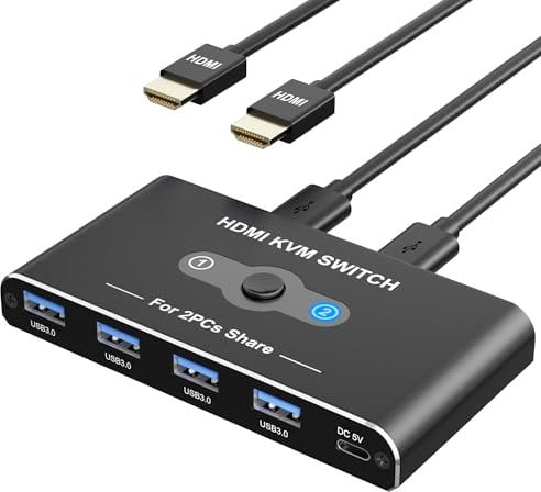 KVM Switch, 4K@60Hz HDMI Switch With 4 USB 3.0 Data Ports, KVM Switches 2 PC 1 Monitor Share Mouse, Keyboard, Printer, One-Button Swapping, USB-A 3.0 Selector with 2 USB Cables and 2 HDMI Cable