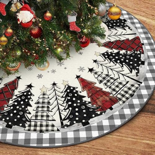 Lambluefly Round Christmas Tree Blanket, 122 cm, Round Christmas Tree Blanket, Red & Black Buffalo Check, Christmas Tree Motif, Tree Blanket, Christmas Tree Rug, Round for Christmas Tree Decorations,
