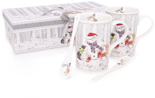 Christmas Concepts® Snowman & Friends Luxury Ceramic Tableware Range - Set of 2 10oz Ceramic Mugs & Spoons with Matching Decorative Gift Box