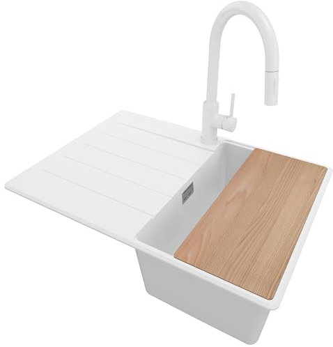 PRIMAGRAN Fregadero Granito Blanco 70x50cm, Cocina 1 Seno + Grifo 40x20cm + Sifón + Tabla de cortar, Sobre encimera al mueble 40cm - Copenhague