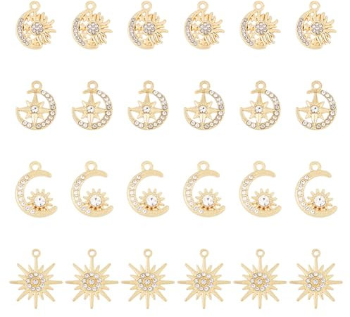 DICOSMETIC 24 Stück 4 Stile Legierung Sonne Mond Stern Anhänger Strass Kristall Sonnenanhänger Goldene Himmelsanhänger Für Die Schmuckherstellung Armbänder Halskette, Bohrung: 1.4-1.8mm