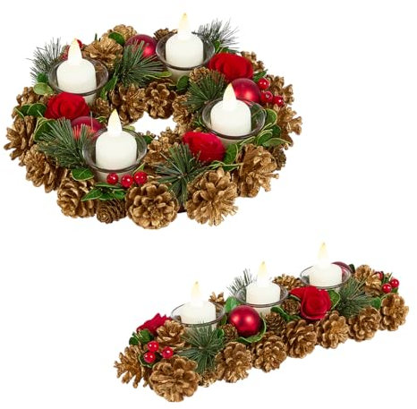 Christmas Table Centrepiece Candle Holder Gold Finish Pine Cone Glass Tea Light Holder with Red Bauble Decorations, Red Roses, Berries & Artificial Foliage Dining Décor (Triple & Wreath)