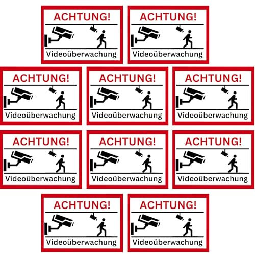 Hochwertige Aufkleber Videoüberwachung - Olanmarp - Effektiver Einbruchschutz durch auffällige Signalfarben – Wetterfest, UV-resistent und leicht anzubringen- ca. 80 x 50 mm - Made in EU - 10 Stück