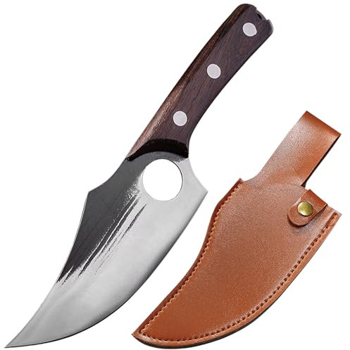 Huuskjpn Chef's Knife 6 Japanese Kitchen Knives Handmade Forged Finger Hole Boning Knife Full Tang High Carbon Steel Home and Outdoor Cooking Knife with Sheath and Wooden Handle