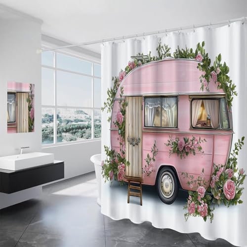 ALTCIRNMD Tenda Da Doccia, Camper Vintage Tende Da Doccia Rose Acquerellate Arte Tenda Da Bagno Impermeabile Poliestere Tessuto Lavabile Tenda Da Bagno Per Il Bagno