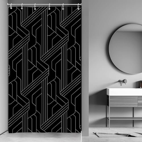 Ttincceer Rideau de Douche étroit Noir Ligne Blanche géométrique Salle de Bains Petit Rideau de Douche Moderne Demi - Taille Camping - Car dortoir décoratif Rideau de Baignoire 90x183cm