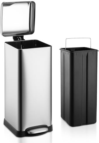 OPULENTHOME Mülleimer Küche 30L, Abfalleimer mit Deckel, Treteimer Softclose aus Edelstahl, Leicht Papierkorb, Recycling Kombiniert mit Pedale, Silber