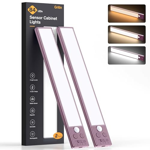 Gritin Lampe de Placard- 84 LED Super Lumineuses,3 Couleurs&5 Luminosités,4 Modes,Capteur de Mouvement, Rechargeable 1800mAh Longue Durée -Installation Facile Lampe d'Armoire Magnétique,Violet Foncé
