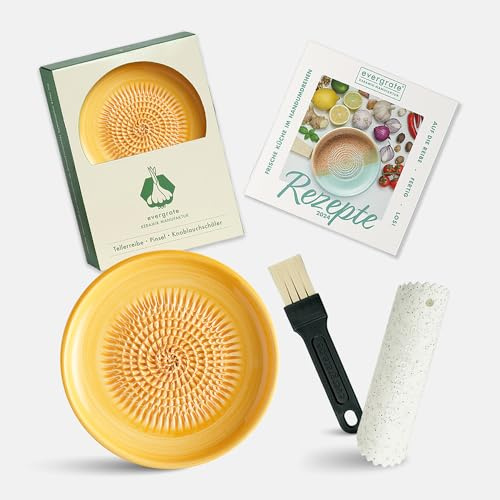 Evergrate® Keramikreibe Sonnengelb mit Geschenkbox – mit Reibe, Knoblauchschäler, Rezeptheft & Pinsel – Handgefertigt für Ingwer, Knoblauch & mehr – Spülmaschinenfest & langlebig
