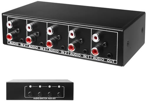 Aicharynic Audio Switcher, Audio Umschalter 4 In 1 Out, Audio Switch 3,5 Mm Aux + RCA L/R, Bidirektional Audio Switcher, Audio Auswahlbox, Video Audio Splitter für Kopfhörer, Phono, Lautsprecher