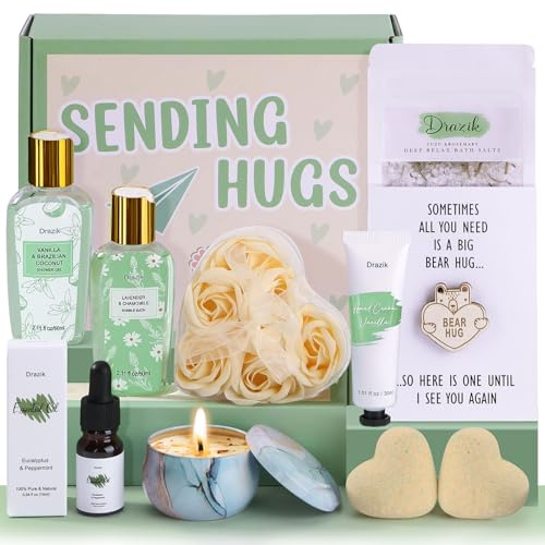 Drazik® Sending Hugs Pamper Gifts Box for Women, Hug in a Box Care Package for Her with Pocket Hug Token, Relaxation Bath Gifts Set Thinking of You Birthday Gift for Women Friends Bestie Sister