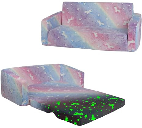 Ausklappbar Kindersofa 2-in-1 Weiche Kinder Extra Groß im Dunkeln Leuchtet | Relaxsessel Ausklappbar im Dunkeln Leuchtet Kindersessel für Mädchen Jungen zum Spielen Lesen Geburtstagsgeschenk