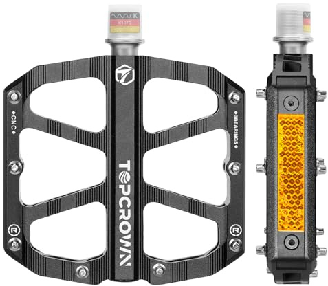 Topcrown Mountain Bike Pedals with Reflectors, Aluminum Metal Bicycle Flat Pedals 9/16 - 3 Sealed Bearings, Non-Slip Wide Platform with Removable Pins for MTB, Road Bike, BMX, Ebike (Black)