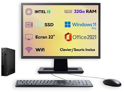 PC Ultra Mini – Intel Core i5 | Windows 11 Pro | SSD 1To | RAM 32Go | Wi-FI | Écran 22’’ + Clavier & Souris | Ordinateur de Bureau Compact Complet Prêt à l’Emploi (reconditionné) (I5-32Go - 1To)