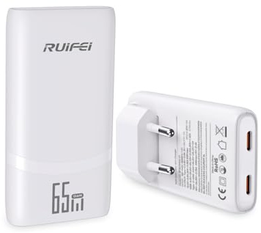 USB C Ladegerät 65W, 2-Ports Mehrfach GaN Netzteil Schnellladegerät | Ultraflach Ladestecker, Fast Charger kompatibel mit MacBook Pro/Air, Handy, iPad, iPhone, Samsung Galaxy