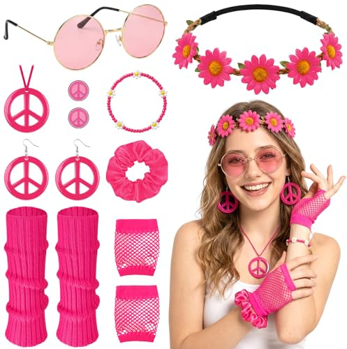 Jokureao Hippie Accessoires Damen Set, Peace Ohrringe, Hippie Haarband, Brille, Peace Kette, 70er Jahre Accessoires Set für Karneval Hippy Party