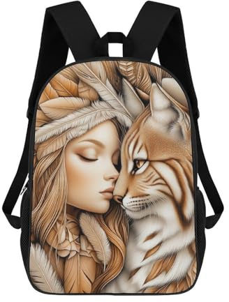 Woman And Lynx Schultaschen Rucksack Freizeit Tagesrucksack Schule Arbeit Reisetasche Für Campus Outdoor Reisen Sport 17inch