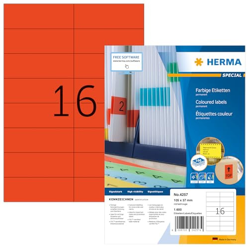 HERMA 4257 Farbige Etiketten rot, 100 Blatt, 105 x 37 mm, 16 pro A4 Bogen, 1600 Stück, selbstklebend, bedruckbar, matt, blanko Papier Farbetiketten Aufkleber