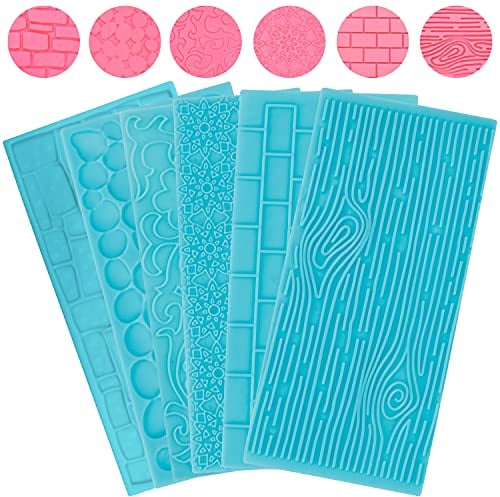 Kurtzy Kunststoff Fondant Prägematte Set (6er Pack) - Bordüre Schablone mit Ziegel-, Holz-, Blumen-, Kopfstein- und Kieselstein Designs - 3D Zubehör für Kuchen, Torten & Desserts, Kandiszucker, Gelee
