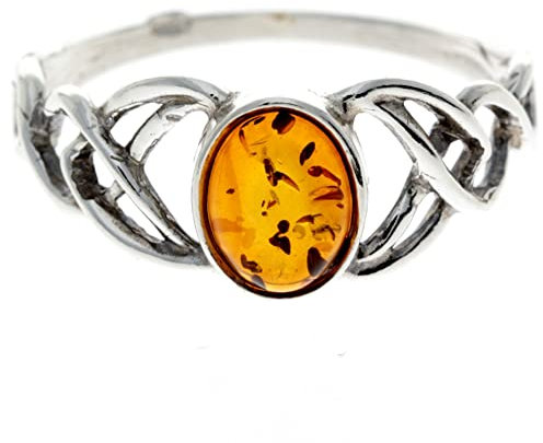 SilverAmber Jewellery - 925 Sterling Silber & Echter Baltischer Honig Bernstein Keltischer Ring - Ringgröße 56 (17.8) - 7482O