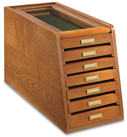 CASTLECREEK Collector's Cabinet Display Case for Collectibles, Wood 7-Drawer Storage Organizer Oak