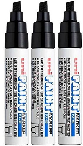 Uni Coloured Broad (4-8.5mm) PX-30 Black Oil Paint Marker Pen Metal Glass Wood Plastic Stone Outdoor Chisel Nib Tip (Pack Of 3)