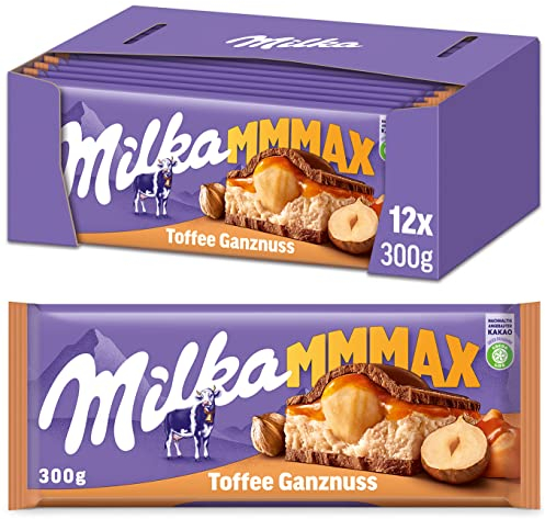Milka Toffee Ganznuss 12 x 300g Großtafel, Zartschmelzende Schokoladentafel mit cremigem Karamel und ganze Haselnüsse