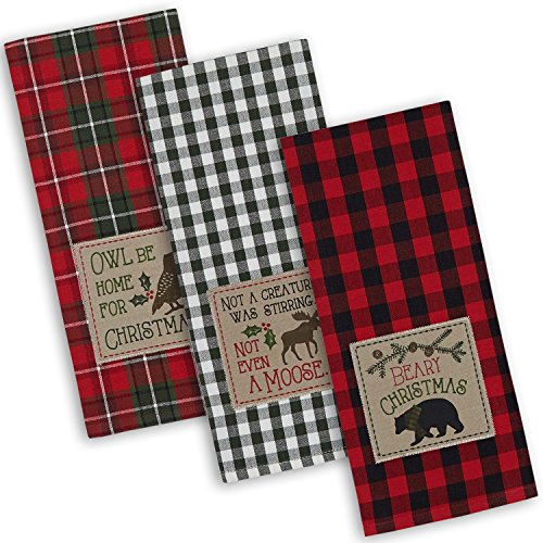 DII Holiday Kitchen Towels Juego de Toallas de Cocina Bordadas, Algodón, Cabaña de Navidad, 18x28, 3