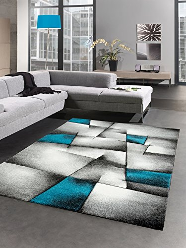 CARPETIA Moderner Teppich Kurzflor Wohnzimmerteppich Konturenschnitt karo abstrakt grau schwarz Weiss türkis Größe 120x170 cm