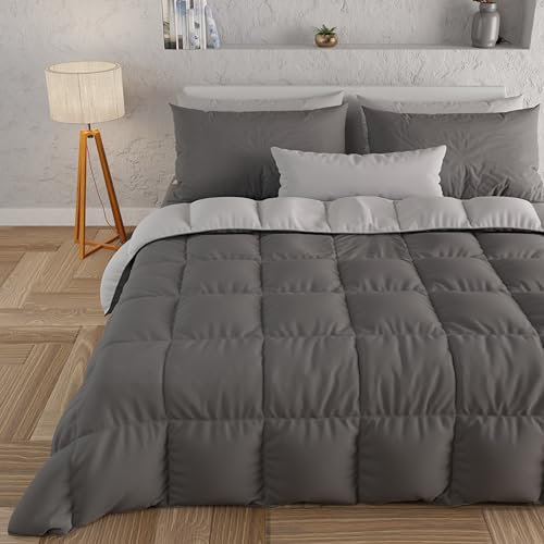 PETTI Artigiani Italiani - Couette Chaude Hiver 240x260 Bicolore Gris ClairGris Foncé, Couette Double Face, Couette pour lit 2 Personnes, Couette en Microfibre 300g/m², Made in Italy