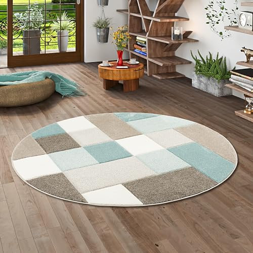 Pergamon Designer Teppich Maui Pastell Blau Beige Karo Rund in 3 Größen