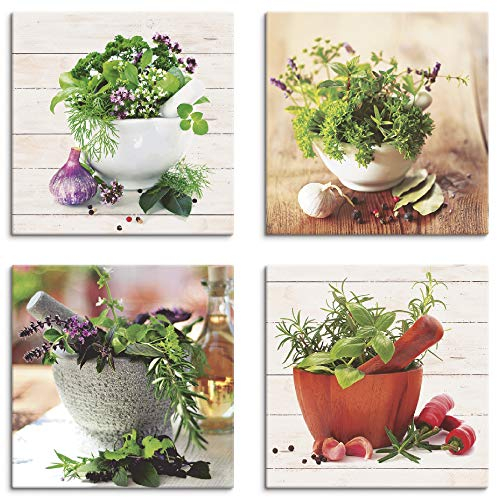 ARTland Wanddeko Küchenbilder Leinwand Bilder Set 4 teilig je 30x30 cm Quadratisch Wanbilder Stillleben Kräuter Gewürze S6IJ