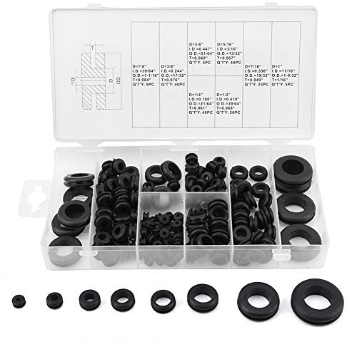 Caredy Rubber Grommet Kit, 180 Pcs Assortment, 8 Sizes, Heat & Oil Resistant, Black Rubber, Round Head, Flat Washer, PVC Case, Electrical & Plumbing Use