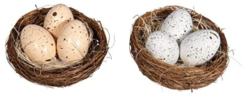 Rayher Vogelnester mit 3 Eiern, 6,5 cm ø, 2 Mini-Vogelnester, Nestchen aus Naturmaterial mit 3 Eiern, Osterdekoration, 46684000