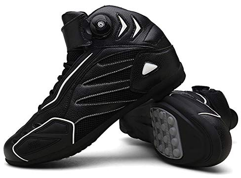 MRDEAR Scarpe Moto Uomo Estive, Scarpe da Sportive Nero Stivali Sport Brevi Microfibra Leggero Traspiranti Stivali Motocicletta Sneakers Running con Regolazione Gear (44 EU,Nero bianco)