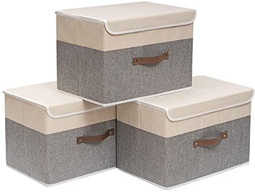 OUTBROS Aufbewahrungskörbe mit Deckel, 45 x 30 x 30 cm,3 Stück regalkörbe, Aufbewahrungsboxe, Stoffboxen Aufbewahrung für Kleidung,beige/grau ST02BGL3