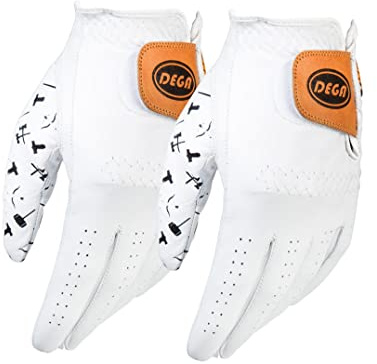 DEGA Herren-Golfhandschuhe, weiches Cabretta-Leder, Abnutzungsspuren an der linken Hand, Charismatischer Daumen, Aufdruck