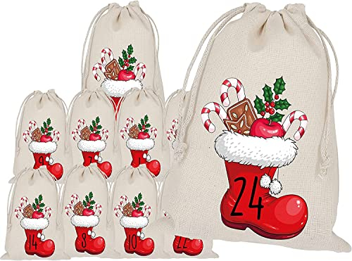 Adventskalender zum Befüllen, Weihnachtsmann Stiefel, Santa Claus, Nikolaus, 24 Stoffbeutel, Bedruckt, Weihnachten Geschenksäckchen, DIY Adventskalender Säckchen, Selber Befüllen, Weihnachtskalender