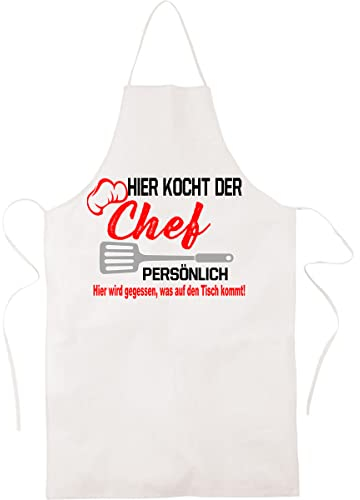 Blickfang Lustige Küchenschürze für Männer| HIER KOCHT DER CHEF | Kochschürze, Latzschürze, Grillschürze, Partyschürze | Geschnek, Geburtstag, Schurz (Weiss.), 65 x 99 cm
