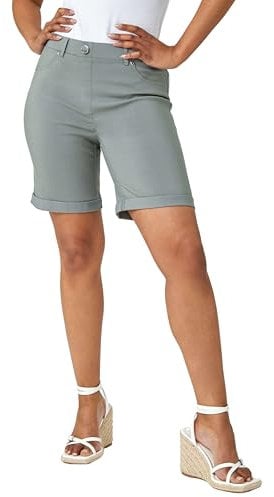 Roman Originals Stretch Shorts for Women UK Ladies Pull On Turned Hem Cut Off Bengaline Mom Boyfriend Boy Denim Casual Cropped Pants Capri Slim Fit Turn Up Summer Crops Mother - Khaki - Size 10