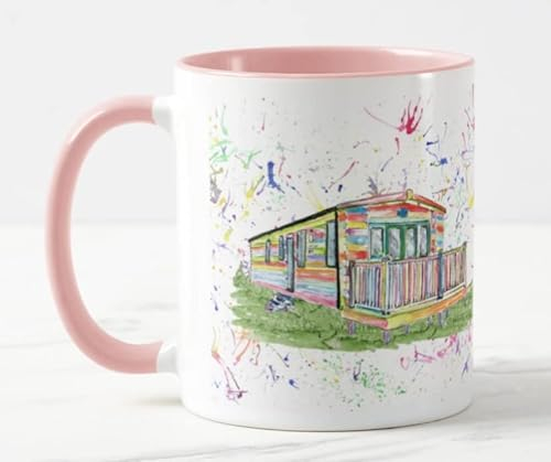 Vixar Caravan Static Holiday Home Watercolour Art Coloured Mug Cup Gift Birthday Work Office Christmas Tea Coffee (Pink)