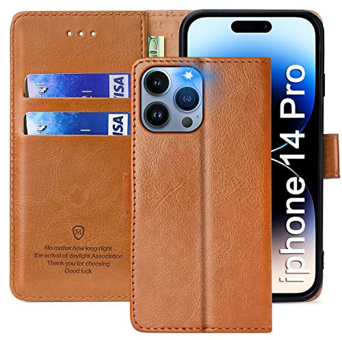 FMPCUON - Carcasa para iPhone 14 Pro, Funda con Tapa para iPhone 14 Pro, Piel sintética, con Tapa Protectora, magnética, para iPhone 14 Pro, Color marrón
