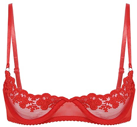 CHICTRY Woman's Lace Underwire Push Up Shelf Bra 1/2 Cup Demi Balconette Hollow Out Unlined Bra Tops Red M