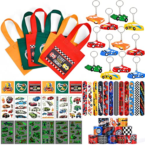 Tacobear Rennauto Party Mitgebsel Kindergeburtstag Junge 6 7 8 9 10 Jahren mit Rennwagen Slap Armband Schlüsselanhänger Non Woven Taschen Tattoo-Aufkleber für Give Aways Gastgeschenk Kindergeburtstag