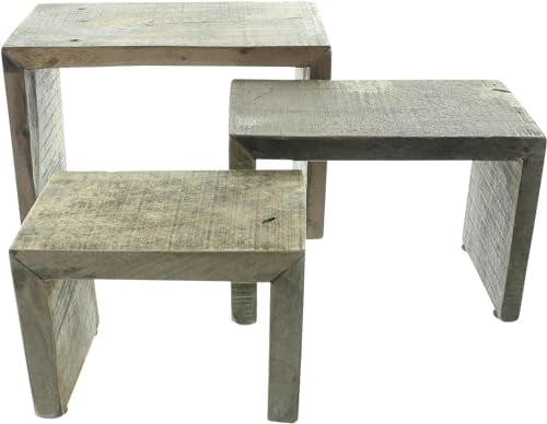 FRANK FLECHTWAREN Dekobank Rustikal, 3er Set, massiv gearbeitete Holzbänkchen, recycelt, Dunkelbraun, Trendiger Used-Look, möbelschonende Kunststoffnoppen