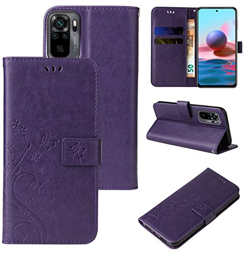 LBH Handy Hülle für Xiaomi Redmi Note 10 Case Handytasche Schmetterling Blumen Flower Standfunktion Schutzhülle Magnet Rundum Schutz 360 Grad Flipcase Cover Violett