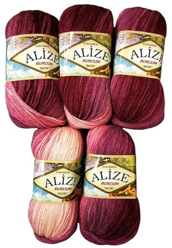 5 x 100 Gramm Alize Burcum Batik Wolle mehrfarbig mit Farbverlauf, 500 Gramm Acryl Strickwolle bunt (beere rosa lila 1895)