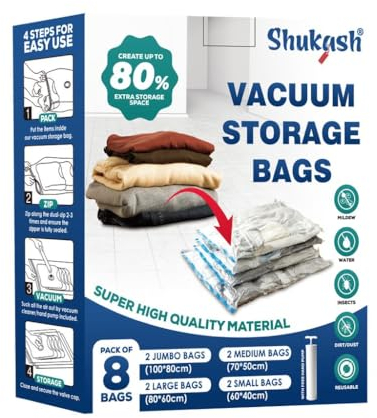 Shukash Vacuum Storage Bags 8-Pack 2 JUMBO(100X80cm) 2 L(80X60),2 M(70X50),2 S ROLL UP Bags(60X40) Reusable Double Zip Seal Compression Storage Bags for Duvet Pillow Bedding Travel With free handpump
