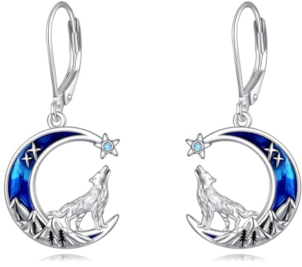 Wolf Ohrringe Geschenke für Damen Mädchen Sterling Silber Abalone Berg Wolf Ohrringe Mond Stern Leverback Ohrringe Schmuck Weihnachtsgeschenke