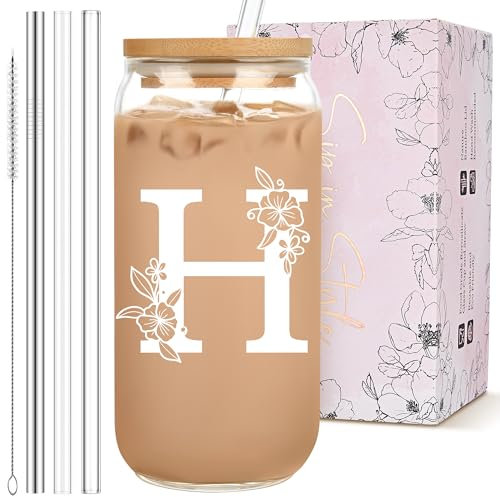 Personalized Tumbler, Monogrammed Can Glass Cups with Bamboo Lids and Straws, Customized Gifts for Women, Cute Design Initial Iced Coffee glasses, Custom Letter Mug, Birthday Bridesmaid, H